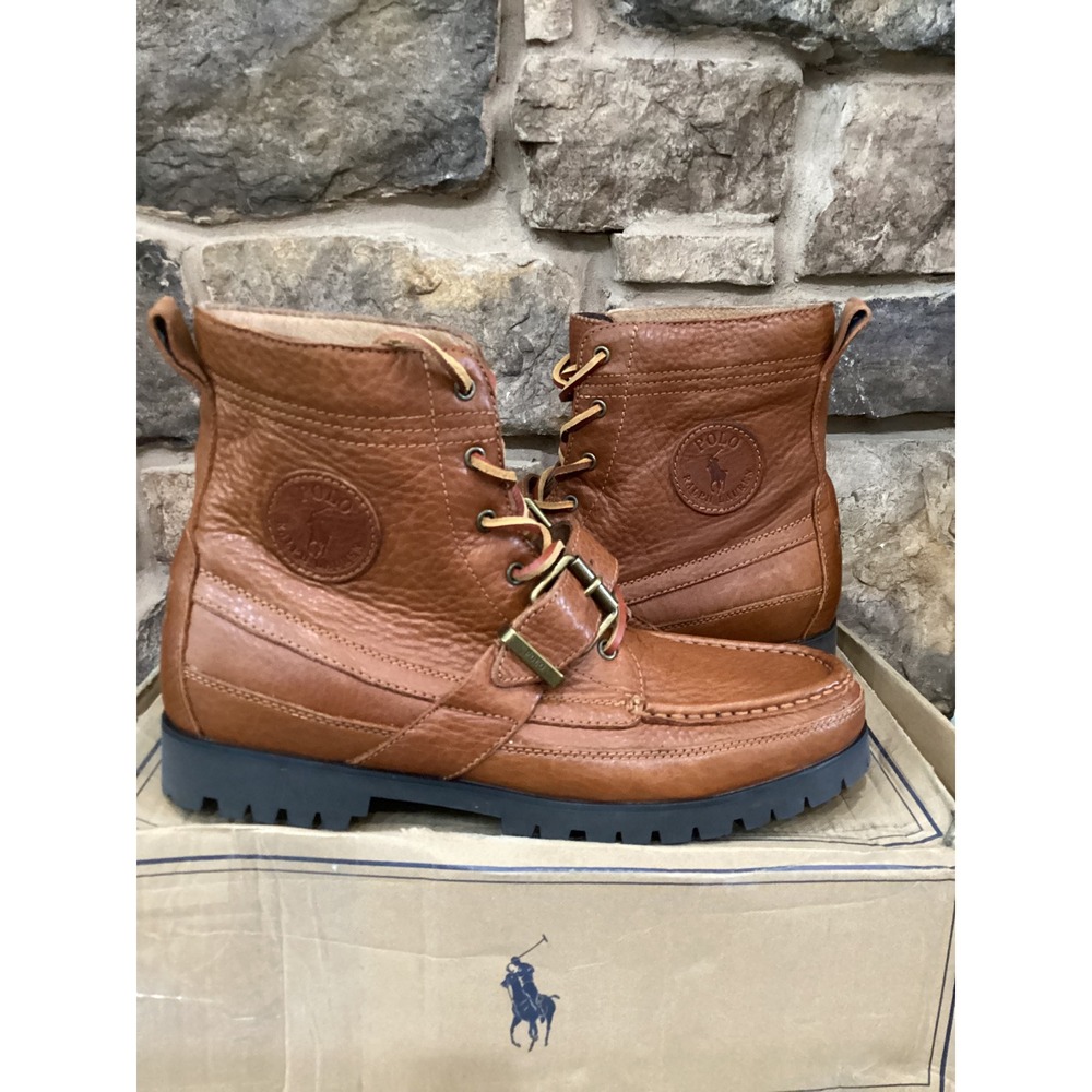 Polo Ralph Lauren Ranger Brown Tumbled Leather Buckle Boots Men's Size 9.5 D New